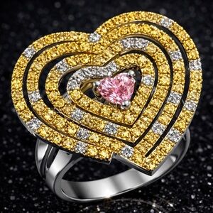 Canary Pink Micro Pave set Heart Cz Diamond Cocktail statement Wedding Ring Band